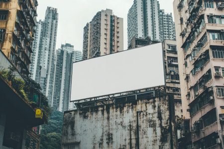 Photo of a blank billboard on the side of an urban building in Hong Kong, with buildings around it. The billboard is white and has no text or images on its surface. It's set against the backdrop of tall skyscrapers and city streets. This photo was taken during daylight, capturing the contrast between the light gray sky and the dark gray architecture of the surrounding buildings. --ar 3:2 --v 6.1 Job ID: 32ed156a-8d4e-4bcb-b2f1-caab644e4acdの素材