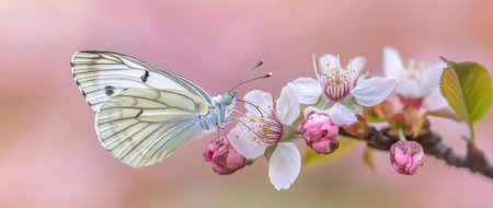 A butterfly perched on the delicate pink blossoms of a cherry tree, with a soft pastel background that adds to its ethereal beauty. The focus is sharp and clear, capturing every detail in high resolution. This scene evokes feelings of tranquility and nature's harmony. High-quality photograph. --ar 71:30 --v 6.1 Job ID: 93c396d3-2477-472f-996e-dbc7d8f4437cの素材