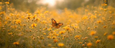 A butterfly landing on the yellow flower in an endless field of wildflowers, with sunlight filtering through, creating a warm and vibrant scene. High-quality photograph. --ar 71:30 --v 6.1 Job ID: cafbfa23-8de0-4318-8b98-a0354de8ce97の素材