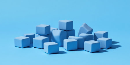 Blue cubes on a blue background, minimalist style, simple shapes, 3D rendering illustration, flat design, no shadows, isometric view, high resolution, high detail, sharp focus, studio lighting, Octane render, no text or logo in the picture, no letters or numbers, no shading. --ar 2:1 --v 6.1 Job ID: b775126e-af7b-406a-8eb8-92ecadf5b1b8の素材