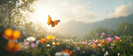 A butterfly fluttering in the air above vibrant wildflowers, with sunlight filtering through, creating a beautiful and serene scene. --ar 71:30 --v 6.1 Job ID: dc531bb1-bfde-4bef-b18f-c851d968fb52の素材