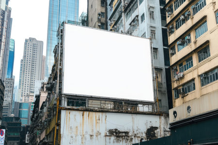 A white, blank billboard on the side of an old building in Hong Kong, surrounded by modern buildings. The billboard is empty and has no text or images on it. It's a wide shot that captures part of another cityscape with tall skyscrapers. There's a sense of urban life around it as people walk past. This photo was taken during daylight, giving off warm tones to enhance its atmosphere. --ar 3:2 --v 6.1 Job ID: 11a5604c-db4d-4b43-9034-ddd4dc94226cの素材
