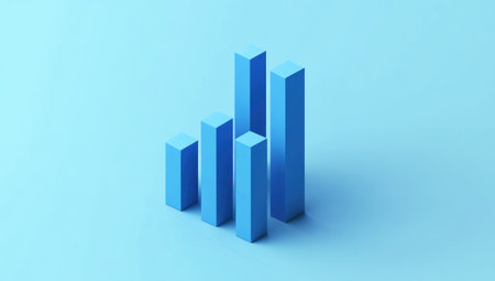 Minimalist, isometric illustration of a blue vertical bar chart on a solid background, with a blue color theme, monochromatic, simple shapes and lines, and minimal details in the style of Jony Ive. Rendered in Blender, 3D, isometric, and isographic. --ar 53:30 --v 6.1 Job ID: 864ea745-49dc-4836-8b69-83542957f4adの素材