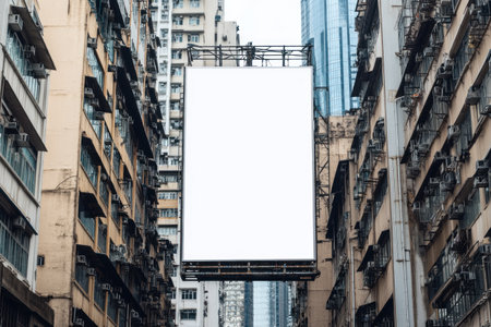 A white, blank billboard on the side of an old building in Hong Kong, with surrounding buildings. The mockup has no text or images and is set against the backdrop of skyscrapers. It's a close-up shot capturing its full size, providing clear detail for design purposes. This presentation style focuses solely on the billboard without any additional elements to emphasize its simplicity as advertising space. --ar 3:2 --v 6.1 Job ID: 0a756cc9-0ec3-4cb0-a786-16bac8c05319の素材