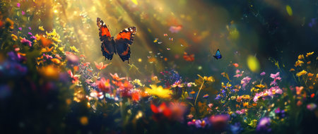 A butterfly fluttering in the air above wildflowers, with sunlight filtering through, creating a beautiful and serene scene of nature's beauty. The background is blurred to focus on the vibrant colors of the flowers and the delicate wings of the butterfly. This image captures an atmosphere full of tranquility and natural harmony. --ar 71:30 --v 6.1 Job ID: 62afb52c-88b4-4f2f-8c20-0fa164893bceの素材