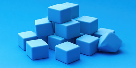 Blue cubes on a blue background, minimalist style, simple shapes, 3D rendering illustration, flat design, no shadows, isometric view, high resolution, high detail, sharp focus, studio lighting, Octane render, no text or logo in the picture, no letters or numbers, no shading. --ar 2:1 --v 6.1 Job ID: b775126e-af7b-406a-8eb8-92ecadf5b1b8の素材