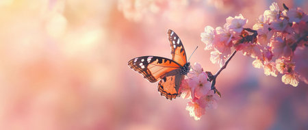 Beautiful butterfly on a cherry blossom branch with a blurred background of spring nature. Spring concept banner design. Beautiful butterfly sitting on a peach tree in pastel colors, with copy space for text, banner design. --ar 71:30 --v 6.1 Job ID: 085a3740-9c2a-455b-b740-f1196be4eb1cの素材