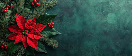 Christmas background with poinsettia and pine leaves on a green wall, a flat lay banner for holiday design. Flat lay banner of Christmas decoration with a red flower isolated on a dark-colored background, with copy space and a place for text. --ar 7:3 --v 6.1 Job ID: afc20585-93cd-4a88-a52a-062aa55055c6の素材