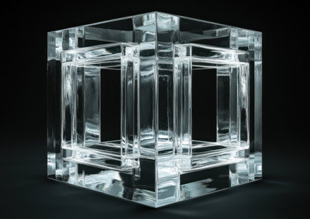 A transparent glass cube with multiple rectangular and square prisms, each one of which is in the shape of an optical illusion that appears to be inside another optical illusion. The overall effect should feel like you're looking at three different layers all within one structure. It's designed for use as game art, featuring 3D rendering with a black background. This design includes three rectangular prism elements, each one with four sides, all of them being made from translucent material. --ar 7:5 --v 6.1 Job ID: 55e028ba-fd65-45ec-931d-53a7a2d7acecの素材