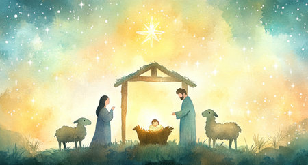 A watercolor illustration of an enchanting Christmas nativity scene with the manger, baby Jesus in swaddling , and Mary and Joseph looking on from outside, surrounded by silhouettes of three sheep, with a star above them. The background is in muted colors with soft lighting, creating a serene atmosphere. The style should be gentle and delicate, capturing intricate details like textures for their fur and facial expressions. --ar 28:15 --v 6.1 Job ID: 2fe268d4-1b9e-4542-b080-ffd8dec87aebの素材