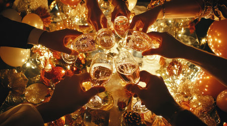 A group of friends toasting with champagne glasses at an elegant party, celebrating the New Year's Eve in style. The scene is illuminated by warm golden lights and sparkling fireworks, creating a festive atmosphere. Each person holds their glass high as they clink it together, symbolizing unity amidst joyous celebration. The background features a beautifully decorated table adorned with balloons and confetti, adding energy and excitement to the overall ambiance. --ar 9:5 --v 6.1 Job ID: 1ceed30a-aa7d-49e1-b11f-c97dddbef47aの素材