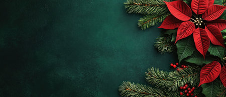 A green background with poinsettia and pine branches on the right side, creating an elegant Christmas banner or greeting card design. The red color of the poinsettia flower adds contrast to the dark green backdrop, making it perfect for festive designs. It's ideal as a template for holiday messages or marketing materials. --ar 7:3 --v 6.1 Job ID: 4d263b36-71aa-4973-9a37-75d647754ac6の素材