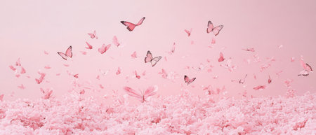 A pink background with cherry blossoms and butterflies flying in the air, creating an atmosphere of springtime beauty. The soft pastel colors create a dreamy effect that adds to its romantic charm. This design is perfect for adding a touch of nature's elegance to your social media or digital marketing materials. This hyper-realistic photography, with ultra-detailed imagery, was created in the style of Canon EOS. --ar 7:3 --v 6.1 Job ID: ec936915-7118-4aef-a4ec-f60dc9816881の素材