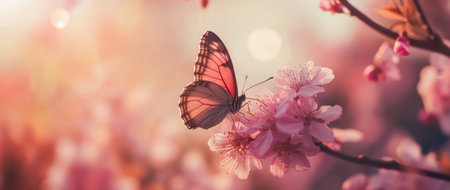 Beautiful butterfly on a blooming cherry blossom branch with a blurred background. Spring nature scene with copy space. Pink flowers in sunlight. Banner, panorama, panoramic. --ar 71:30 --v 6.1 Job ID: 3a9001ea-fdcc-4ca2-bdec-057a30c05d0fの素材