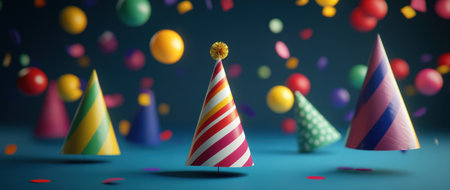 Vibrant confetti and party hats floating in the air, creating an atmosphere of celebration for a special event or holiday. Commercial photo, photo-realistic, high resolution, shot on a Sony A7R IV at f/2.0. --ar 71:30 --v 6.1 Job ID: de527994-e4fa-43ef-86a1-984c1566b328の素材