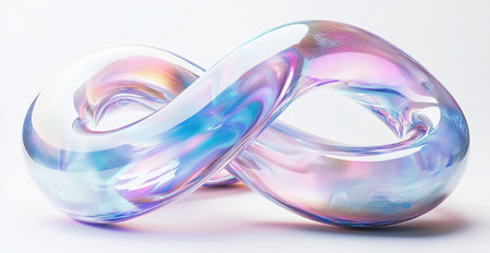 An abstract, futuristic background with iridescent glass elements and a white backdrop. A ribbon of glass in the shape of an S-shaped knot is layered on top of itself. Close-up, macro photography, studio shot, white isolated background, concept art in the style of Ross Tran, digital illustration, 3D render, Cinema 4D, minimalistic design, organic shapes, holographic texture. --ar 29:15 --v 6.1 Job ID: 7087f41d-4de5-4216-883e-99e4e5e834adの素材