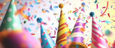 Colorful confetti and party hats falling through the air, a festive background for a celebration or holiday event with copy space. Birthday or New Year's Eve gathering decoration. A 3D rendering illustration of colorful paper streamers flying against a blurred background, close-up shooting, 4K, ultra-realism, high detail, in the style of Kodak Ektar, stock photography. --ar 71:30 --v 6.1 Job ID: b1d5be88-e7b3-41e7-bcde-237ba04caf88の素材