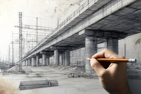 A hand drawing the outline of an elevated bridge with a pencil, with a background of a realistic high-way concrete bridge with steel structure pillars. High resolution and detailed. --ar 3:2 --v 6.1 Job ID: 64c8e8b6-7933-433a-8731-fccbaeff0d85の素材