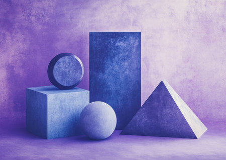 An isometric, minimalist composition of four simple shapes in blue and purple colors: a cube, a circle, a triangle, and a square, on a violet background, in the style of isomorphic art. High resolution, rendered with Octane, featuring soft shadows, hyper-realistic volumetric lighting, and detailed textures. --ar 7:5 --v 6.1 Job ID: a5016a53-bb5a-4cec-9967-d3c1b7774120の素材
