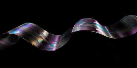 A single iridescent, wavy ribbon on a black background, rendered in the style of Cinema 4D, using digital art techniques, with fluid and organic shapes, dark color backgrounds, and surrealistic, smooth curves. --ar 2:1 --v 6.1 Job ID: b0b7622b-d999-44f8-8584-09fef9ce6e1cの素材