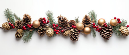 Christmas garland with pine cones, red berries, and gold ornaments on a white background. Christmas decoration. Banner design. --ar 7:3 --v 6.1 Job ID: a5cdd78e-0a0c-4824-9336-28af93d6378fの素材