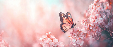 Beautiful butterfly on pink cherry blossom flowers, spring background banner with copy space. Romantic nature concept. Springtime, spring season, wedding card boho style, pastel colors, beautiful, detailed, high-resolution, professional photograph. The design is minimalistic and elegant, with clean lines and subtle colors. The design incorporates elements of modern aesthetics, and the colors are harmonious and balanced, creating an overall sense of tranquility and beauty on a white background. --ar 71:30 --v 6.1 Job ID: 0d779615-2990-4bc4-8003-e347485d6fd4の素材