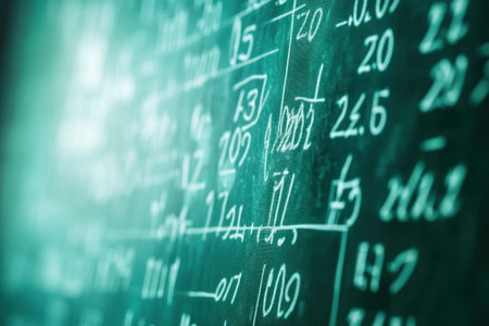 A background of complex mathematical equations and formulas on a digital screen, with a green color theme. The background is blurred to create depth, while the foreground focus is sharp, highlighting elements like numbers or graphs. Cinema 4D render, high-resolution photography, volumetric light, dark blue, teal, and black tones, cinematic, bokeh effect, depth blur. --ar 3:2 --v 6.1 Job ID: 8c6635a6-b7a2-4a05-93d2-0b933135522dの素材