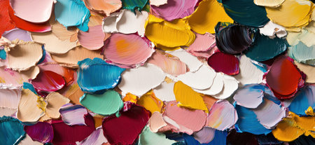 Abstract background with palette knife texture and oil painting. Colorful brushstrokes with a grainy effect. Close-up of an abstract art piece, with layers of paint creating intricate patterns. The composition includes various shades of reds, oranges, yellows, blues, greens, purples, white, and black, all layered on top of each other to create depth in the artwork. --ar 13:6 --v 6.1 Job ID: ca9e67e1-cff1-44fa-8787-239288455c47の素材