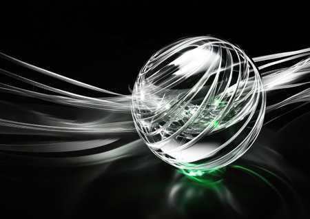 Abstract digital art of an illuminated sphere with swirling lines and holographic effects, set against a black background. The sphere is central in the composition, surrounded by thin white or silver wire-like structures that create a sense of motion around it. There's also some green light emanating from within the ball, adding to its luminous effect. This design creates a visually striking and futuristic look on the subject. --ar 7:5 --v 6.1 Job ID: 159dda64-5463-4cd6-9abf-6ce806d9161dの素材