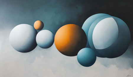A group of spheres in different shades and sizes floating against a gray background, with some blue and orange hues. The composition is minimalistic yet vibrant, focusing on the contrast between soft shapes and bold colors. --ar 26:15 --v 6.1 Job ID: 8cbd1cc7-424b-4713-96af-0a8e878e8eb1の素材