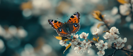 Beautiful butterfly on a cherry blossom branch with a blurred background of spring nature. Springtime banner with copy space for text, web design, e-commerce mockup, and more. High-resolution photography, stock photo, professional color grading, soft shadows, low contrast, clean sharp focus, film grain. --ar 71:30 --v 6.1 Job ID: ae7c689b-a22e-4ff0-9eb3-a29463000c3fの素材