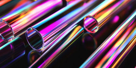 A high-resolution, hyper-realistic image of an abstract background featuring iridescent glass tubes arranged in geometric patterns on a black background. The focus is sharp, and the lighting creates a dramatic effect with reflections that highlight each tube's unique colors and textures. This composition adds depth to any design or presentation by creating visual layers and adding a touch of futuristic elegance through its metallic sheen and vibrant hues. --ar 2:1 --v 6.1 Job ID: 9054ef70-8e5f-4059-9637-46393328894aの素材