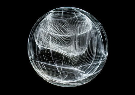 Abstract digital art of an illuminated sphere with swirling lines and holographic effects, set against a black background. The glowing orb is central to the composition, surrounded by thin light beams that form intricate patterns around it. This artwork creates a sense of motion within stillness, combining futuristic elements with organic shapes for a dynamic visual effect. --ar 7:5 --v 6.1 Job ID: 386fa8f5-aff1-4e99-8f39-35a11a74d1ccの素材