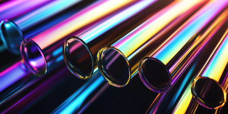 A high-resolution, hyper-realistic image of an abstract background featuring iridescent glass tubes arranged in geometric patterns on a black background. The focus is sharp, and the lighting creates a dramatic effect with reflections that highlight each tube's unique colors and textures. This composition adds depth to any design or presentation by creating visual layers and adding a touch of futuristic elegance through its metallic sheen and vibrant hues. --ar 2:1 --v 6.1 Job ID: 9054ef70-8e5f-4059-9637-46393328894aの素材