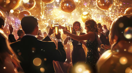 A group of friends toasting with champagne glasses at an elegant party, celebrating the New Year's Eve in style. The scene is illuminated by warm golden lights and sparkling bubbles floating around them. They stand amidst festive decorations like balloons and streamers, creating a lively atmosphere filled with joyous laughter and celebration. --ar 9:5 --v 6.1 Job ID: fbe689eb-0b98-490e-bbcd-5cd1d9f1fe59の素材
