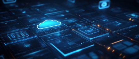 Digital background featuring cloud storage icons and digital technology in dark blue tones. A cloud icon with glowing edges appears on the left side of an abstract grid pattern, surrounded by various floating app symbols like books or film strips. The composition is symmetrical, creating balance between the elements. --ar 7:3 --v 6.1 Job ID: cfaa2d96-9370-472c-a064-357cd685d5f6の素材
