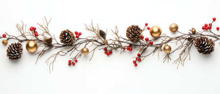 Christmas garland with pine cones, red berries, and gold ornaments on a white background. Christmas decoration. Banner design. --ar 7:3 --v 6.1 Job ID: a5cdd78e-0a0c-4824-9336-28af93d6378fの素材