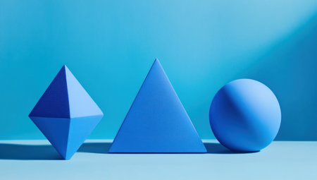 Blue background with three blue geometric shapes, representing technology and data. --ar 53:30 --v 6.1 Job ID: 2a8282d2-7d97-4d14-b792-633a65156f76の素材