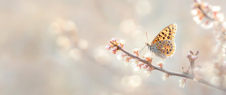 Beautiful butterfly on a cherry blossom branch with a blurred background. Springtime banner design in pastel colors, with space for text and a website title. High-quality, isolated on a white background with soft focus, with bokeh effects and posted on Instagram. --ar 71:30 --v 6.1 Job ID: 6934fbd1-9e5d-403f-8a9e-846128463133の素材
