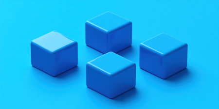 Blue cubes on a blue background, minimalist style, simple shapes, 3D rendering illustration, flat design, no shadows, isometric view, high resolution, high detail, sharp focus, studio lighting, Octane render, no text or logo in the picture, no letters or numbers, no shading. --ar 2:1 --v 6.1 Job ID: b775126e-af7b-406a-8eb8-92ecadf5b1b8の素材