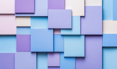 Abstract background with blue and purple squares, in the style of Isometric style. Minimalistic pastel color palette. The background is made of rectangular shapes in different shades of violet and sky-blue colors. It creates the impression that you can see part of an object or structure from above. The composition conveys minimalism, modernity, and space for text. A high-quality photo taken on a Sony Alpha camera with a bokeh blur effect. --ar 5:3 --v 6.1 Job ID: 58fb91cd-ae29-4642-8f7d-2ca33357c9a3の素材