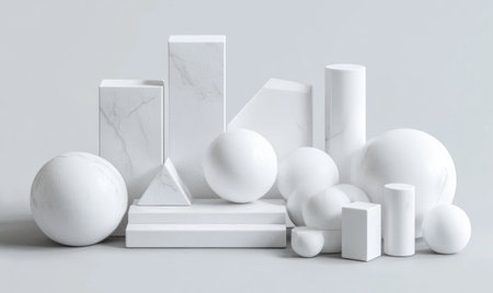 Abstract white geometric shapes on a grey background, a 3D rendering illustration of simple, minimal shape blocks and cubes in the style of Cinema 4D, Octane Render, isometric. --ar 5:3 --v 6.1 Job ID: beeab157-b150-40df-a0b7-32903e7d18b9の素材
