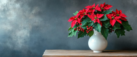 Red poinsettia flowers in a white ceramic vase with holly berries on a wooden table against a grey wall, a Christmas concept. High-quality photo for stock photography. Ultra-sharp, volumetric lighting, clean and simple design. Captured with a Canon EOS camera. --ar 12:5 --v 6.1 Job ID: 4ab0325b-c766-437a-9b0a-42101ab58370の素材