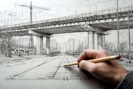 A hand drawing the outline of an elevated bridge with a pencil, with a background of a realistic high-way concrete bridge with steel structure pillars. High resolution and detailed. --ar 3:2 --v 6.1 Job ID: 64c8e8b6-7933-433a-8731-fccbaeff0d85の素材