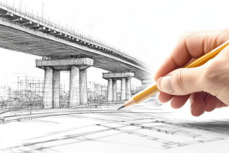 A hand drawing the outline of an elevated bridge with a pencil, with a background of a realistic high-way concrete bridge with steel structure pillars. High resolution and detailed. --ar 3:2 --v 6.1 Job ID: 64c8e8b6-7933-433a-8731-fccbaeff0d85の素材