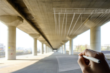 A hand drawing the outline of an overhead bridge with white chalk, with pillars underneath and a clear sky in the background. The focus is on the detailed lines of concrete beams and steel bars forming arches over the roads below. --ar 3:2 --v 6.1 Job ID: c06fe47f-c9f0-4445-bb2c-87f6e0f14607の素材