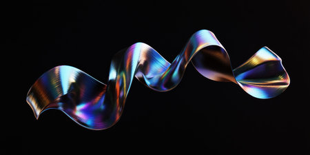 A single iridescent, wavy ribbon on a black background, rendered in the style of Cinema 4D, using digital art techniques, with fluid and organic shapes, dark color backgrounds, and surrealistic, smooth curves. --ar 2:1 --v 6.1 Job ID: b0b7622b-d999-44f8-8584-09fef9ce6e1cの素材