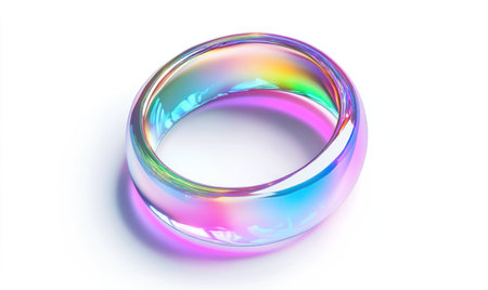 A simple and minimalist ring design, 3D rendering, holographic rainbow color gradient, white background, isometric view, central perspective, soft lighting, high resolution, fine details, C4D render, Octane render. The overall style of the artwork should be modern with clean lines and subtle gradients, creating an elegant yet futuristic look. --ar 5:3 --v 6.1 Job ID: d8b99a3a-35df-48e4-9a9f-605093635caaの素材