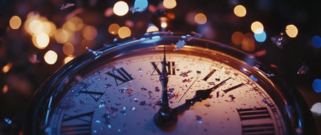 New Year's Eve, the clock showing midnight with confetti and bokeh lights in the background. --ar 71:30 --v 6.1 Job ID: dd0c5855-dc0c-4996-8319-1fe86f568f35の素材