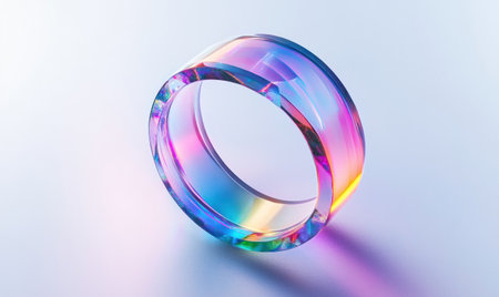 A gradient holographic ring with an isometric view, rendered in Cinema 4D, featuring a translucent and glass-like feel. It is presented on a white background, showcasing the ring as a symbol of creativity and innovation, capturing its essence through a soft light effect. The design incorporates rainbow colors to add vibrancy while maintaining simplicity. --ar 5:3 --v 6.1 Job ID: 36fd8f7a-35a4-4c5d-9d6e-ba4ddb3944deの素材